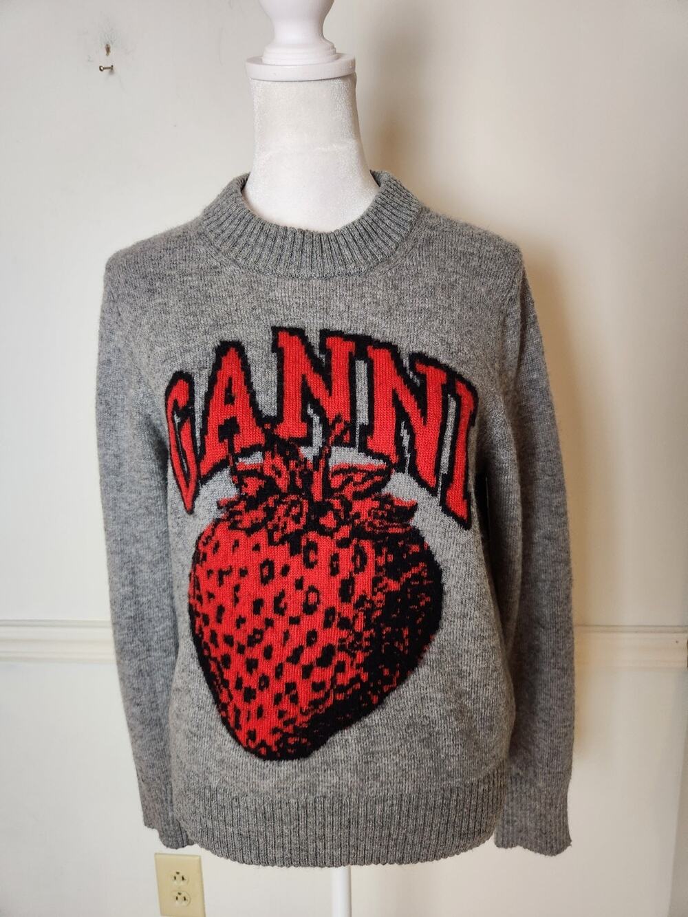FLAW Ganni Strawberry Sweater Size Small Womens Gray Graphic O Neck Wool Blend